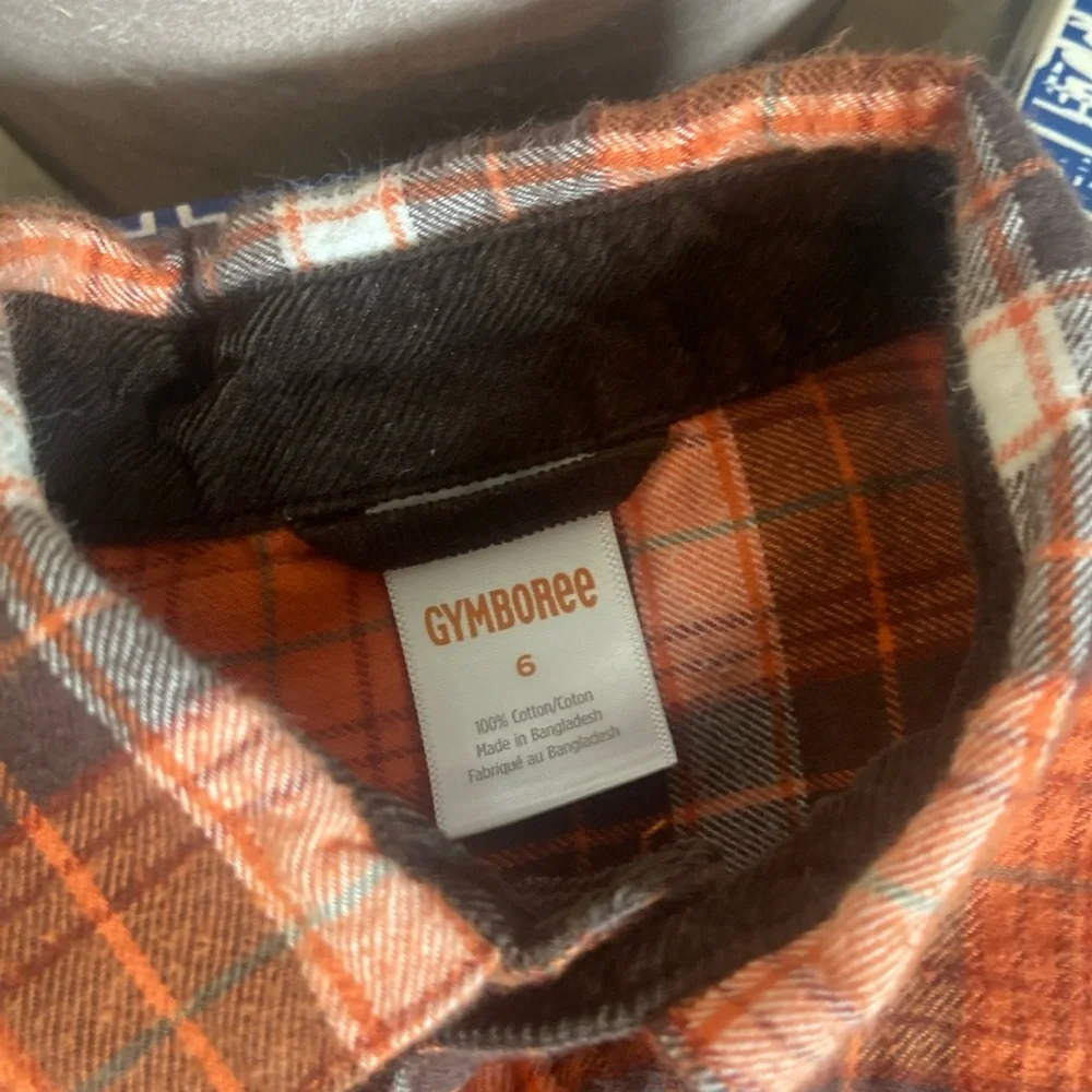 Boys Gymboree Orange Creamy White & Chocolate Brown Plaid Flannel Shirt